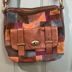 ✨Fossil Mason Flap Patchwork Brown Leather Shoulder Satchel Crossbody Handbag✨